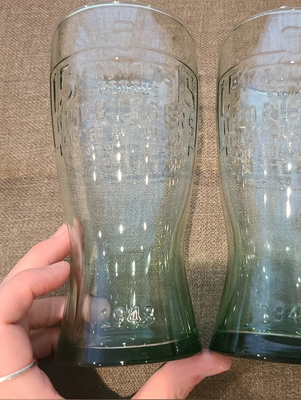Vintage McDonald's 1948 Famous 15-Cent Hamburger green tinted collector glasses